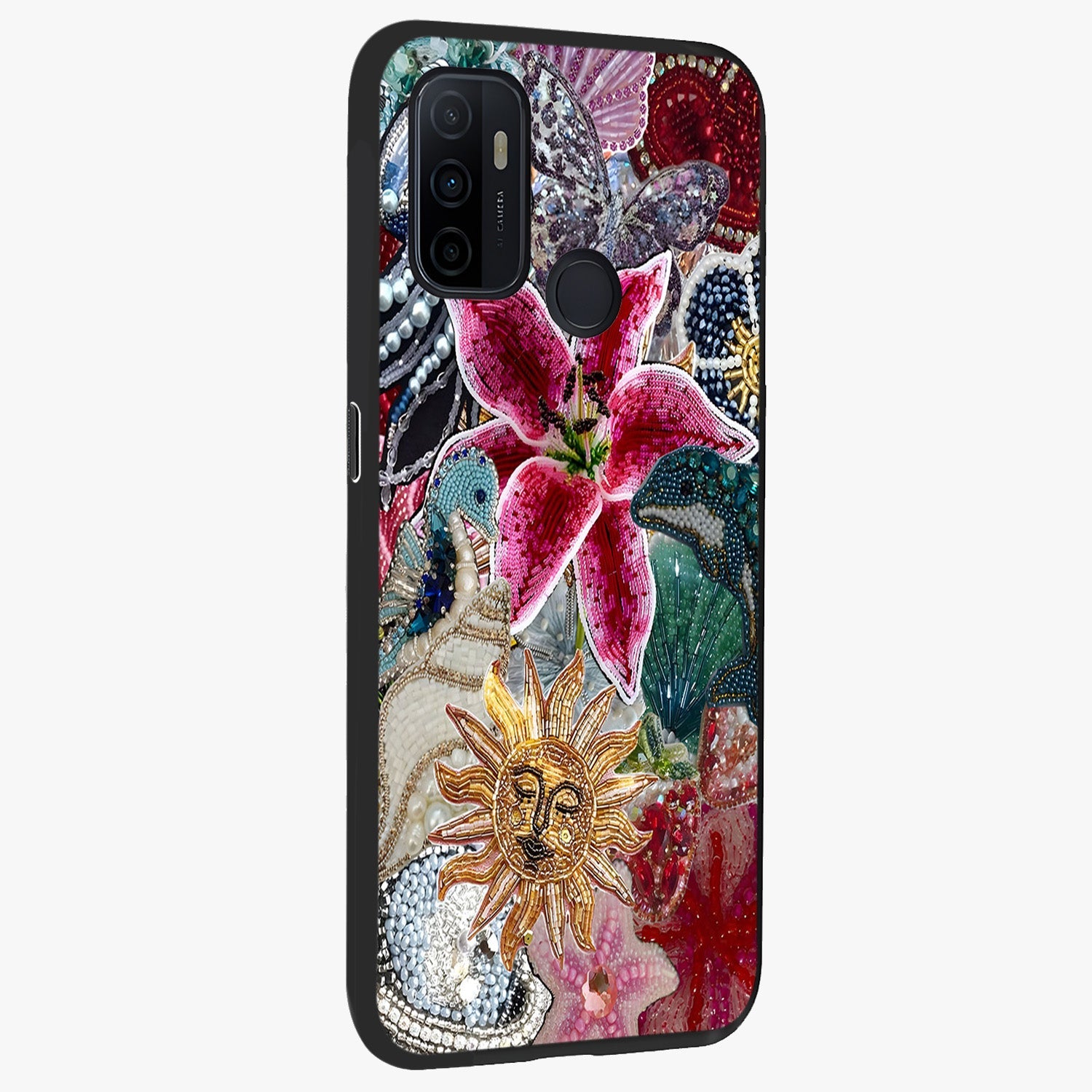 Beaded Garden Fantasy Glass Case upright view showcasing whimsical garden aesthetic with artistic bead details.