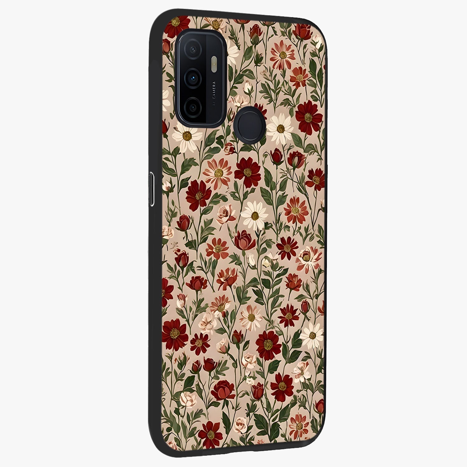 Biege Flower With Leaf Glass Case upright view showcasing delicate beige flower illustration with clean botanical style.