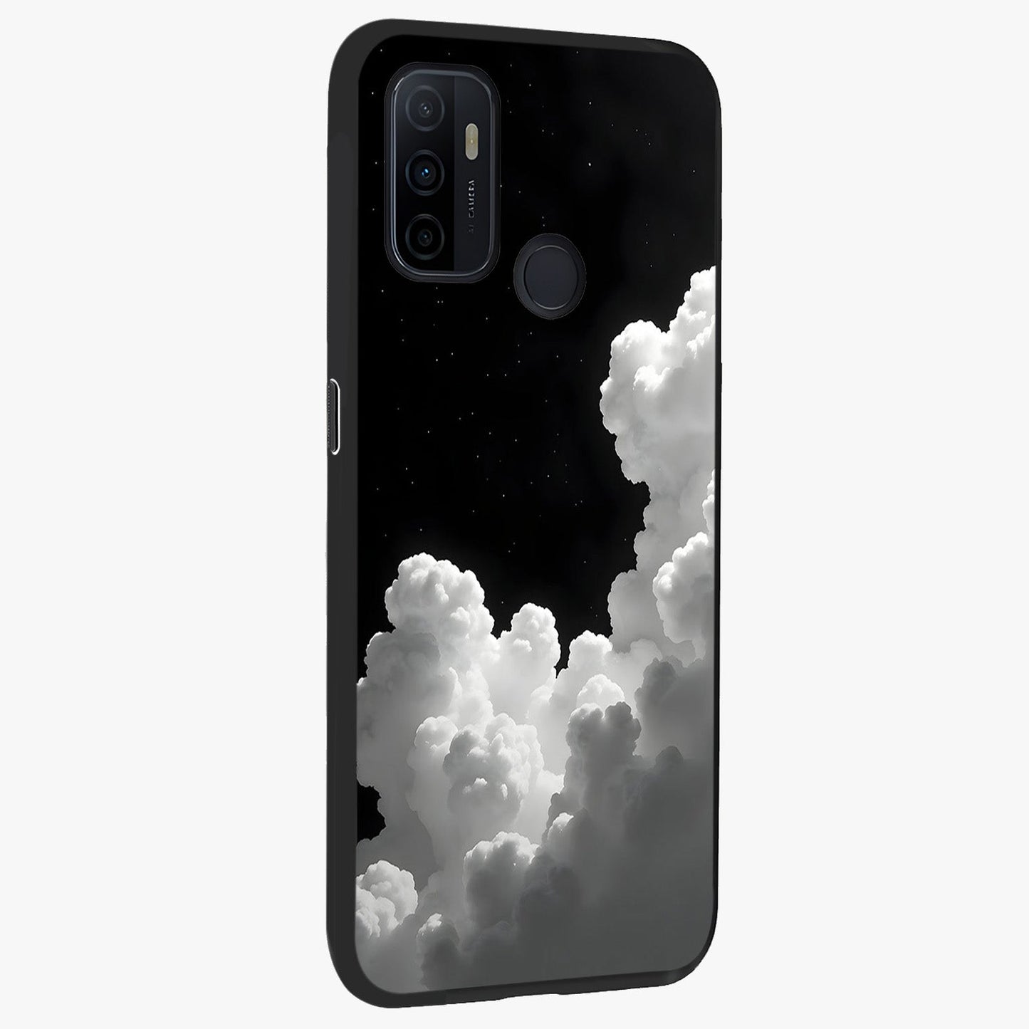Black Background With White Cloud Glass Case upright view showcasing calm cloud aesthetic with modern minimal style.