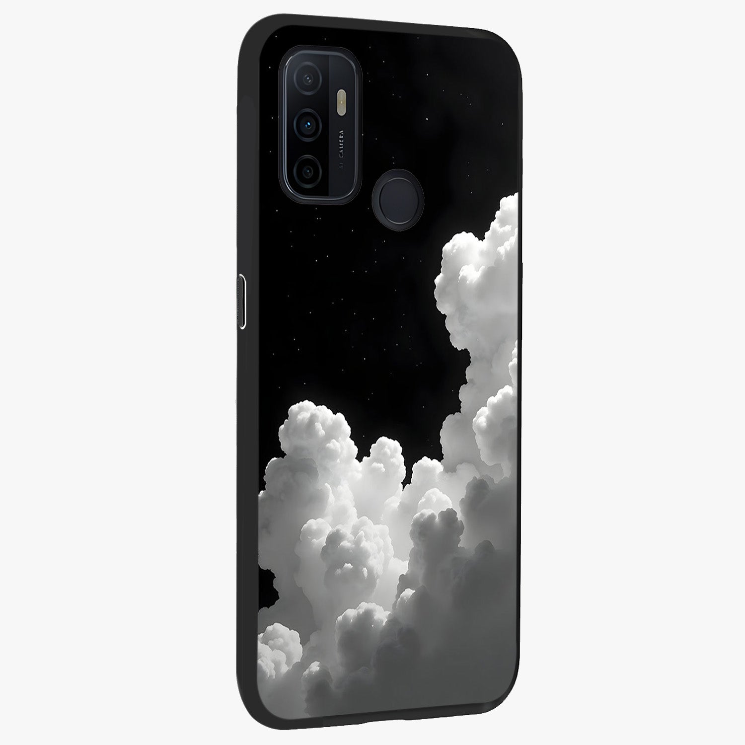 Black Background With White Cloud Glass Case upright view showcasing calm cloud aesthetic with modern minimal style.