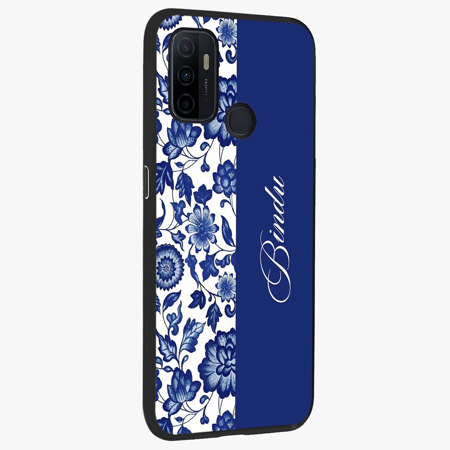 Blue Vintage Floral Pattern Glass Case upright view showcasing delicate blush floral texture with modern minimal style.