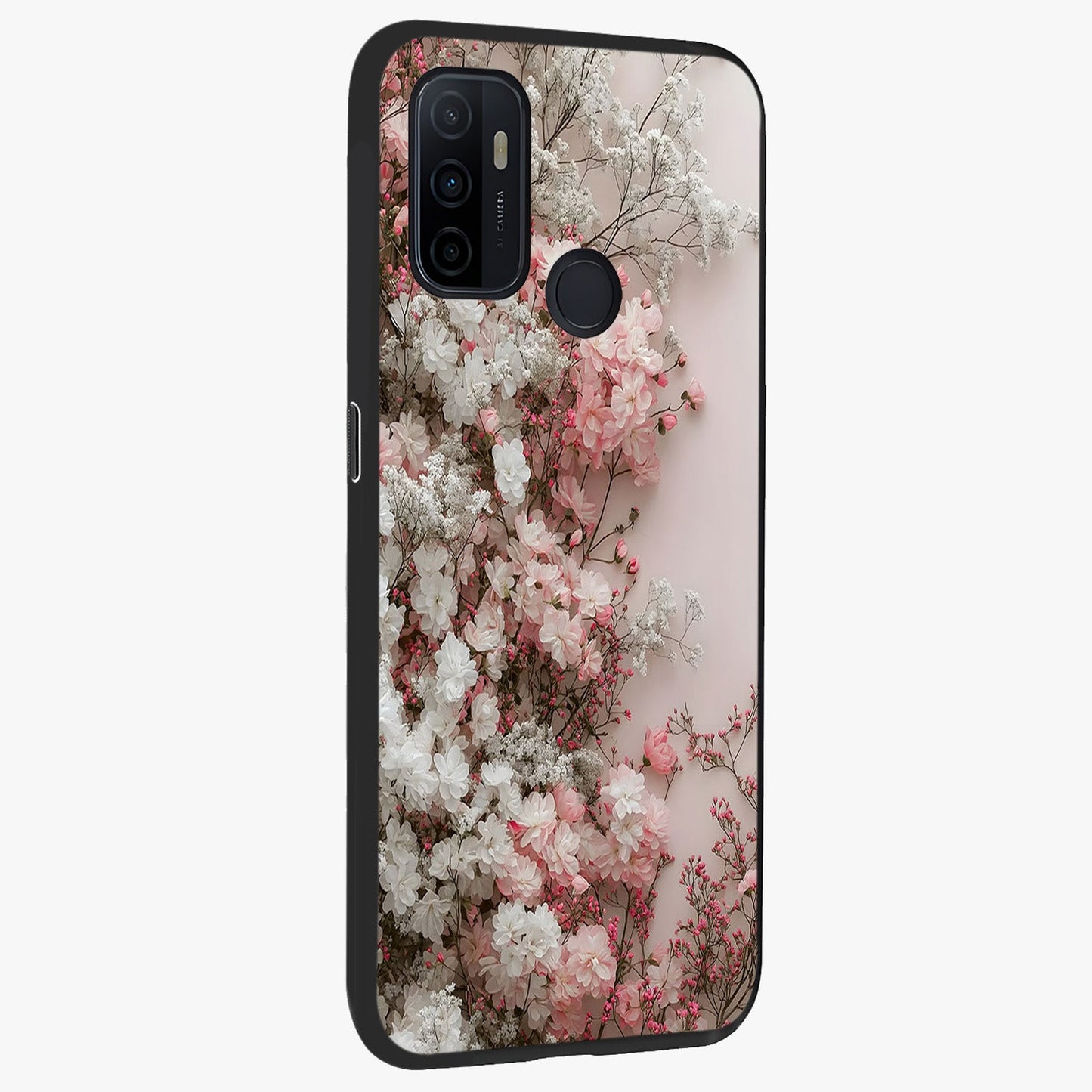 Blush Blossom Cloud Glass Case upright view showcasing calm floral cloud artwork with gentle dreamy theme.