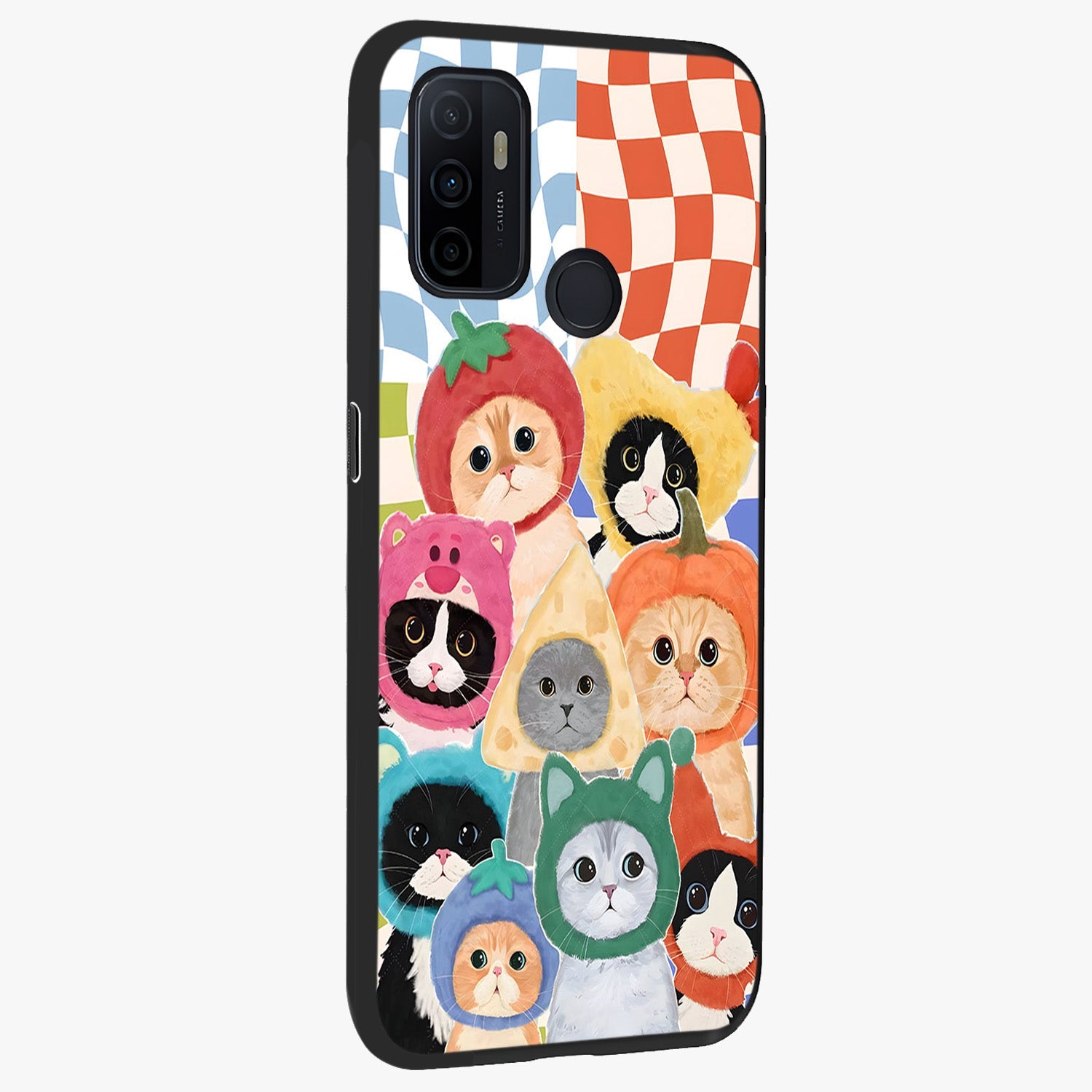 Cats in Fruits Glass Case upright view showcasing charming cat artwork with fun fruity theme.
