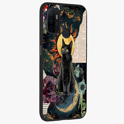 Celestial Black Cat Glass Case upright view showcasing magical black cat illustration with starry cosmic theme.