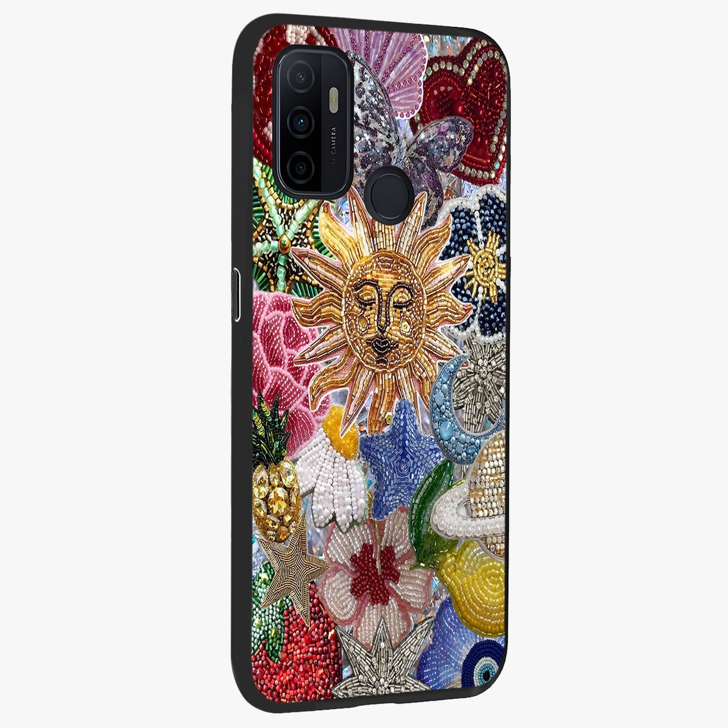 Celestial Floral and Playful Glass Case upright view showcasing whimsical floral artwork with cosmic aesthetic theme.