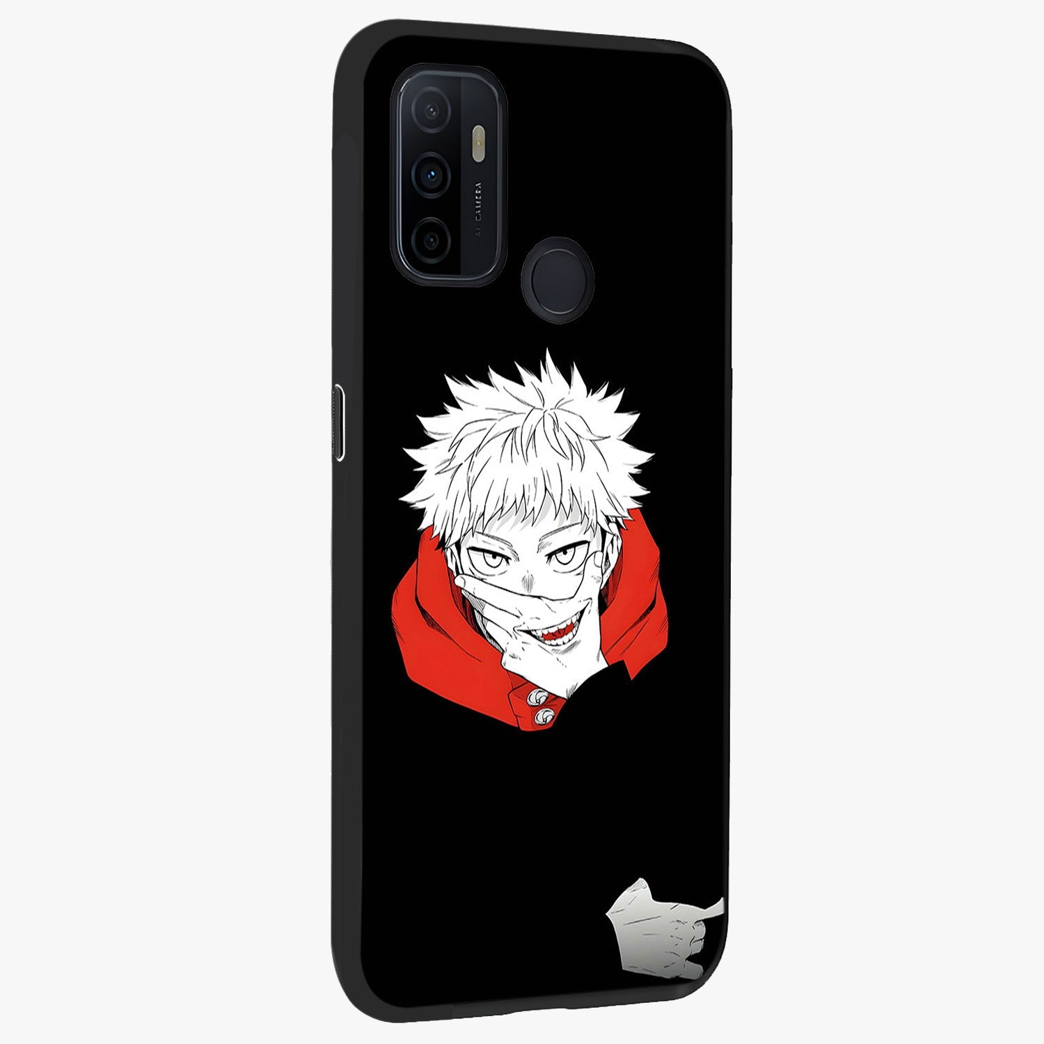 Crimson Chaos Smile Glass Case upright view showcasing expressive chaotic artwork with striking visual theme.