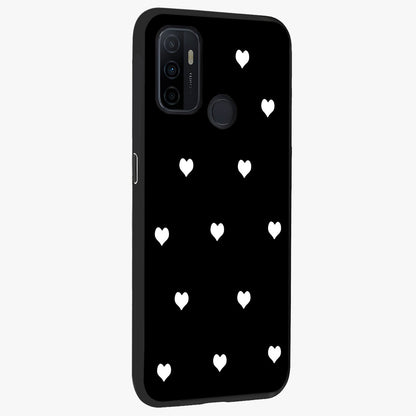 Cute And Simple White Hearts Glass Case upright view showcasing simple white hearts artwork with soft minimal theme.