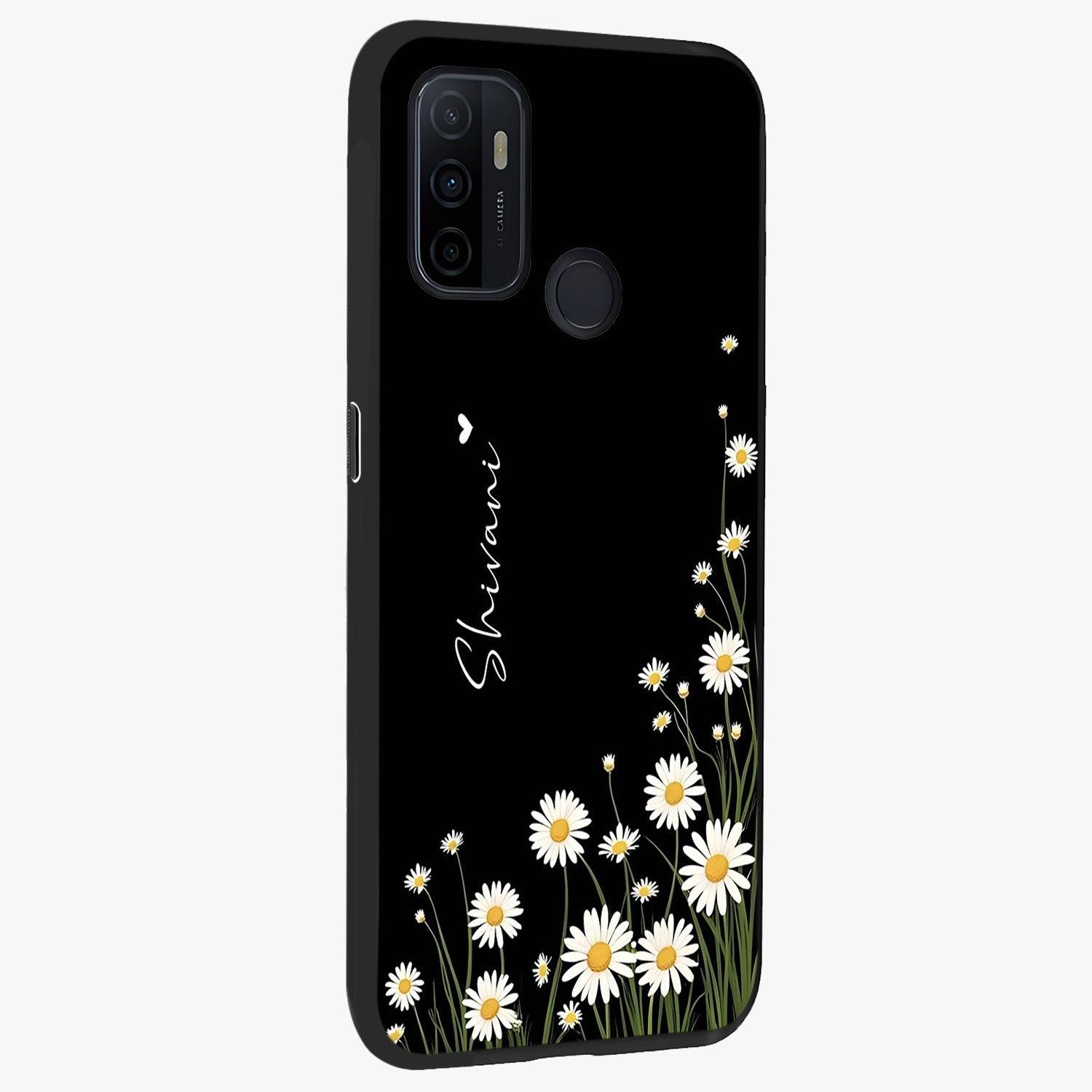 Daisy Cascade Custom Name Glass Case upright view showcasing elegant floral cascade design with personalized aesthetic.