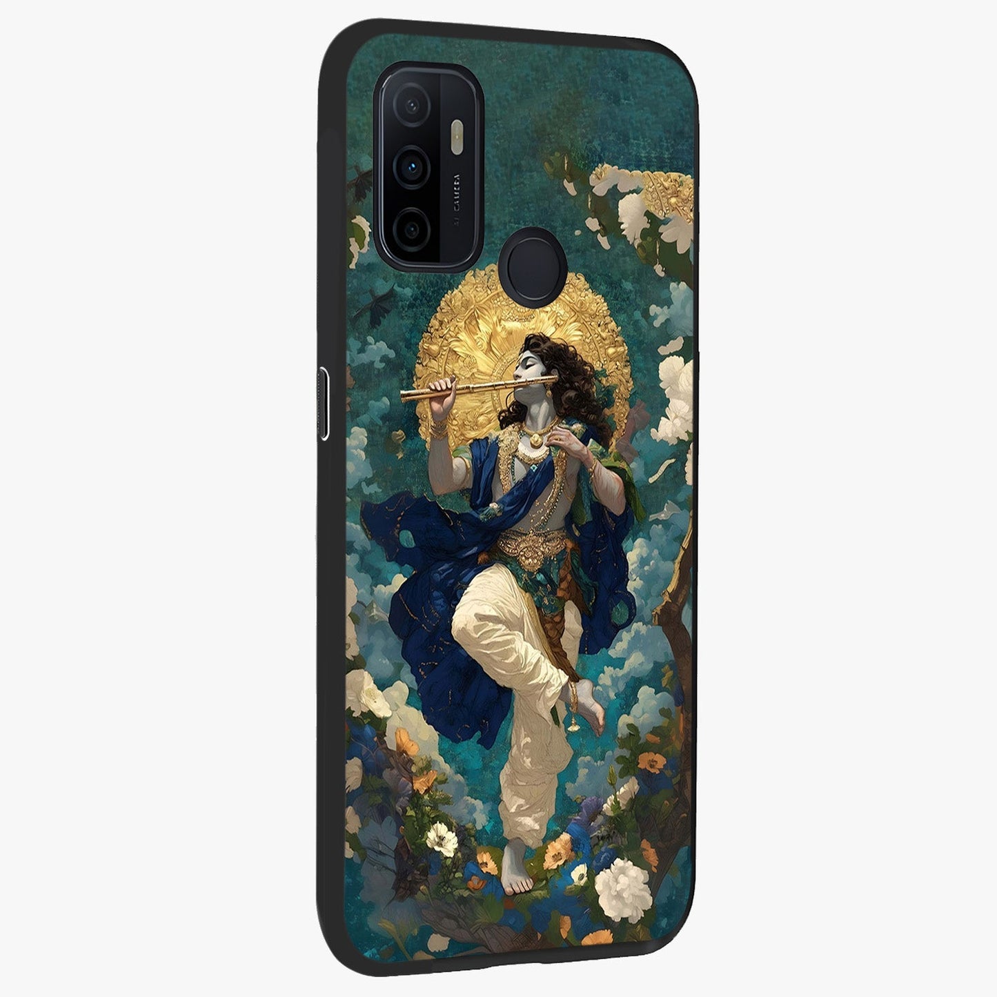 Divine Krishna Art Glass Case upright view showcasing divine Krishna artwork with sacred artistic theme.