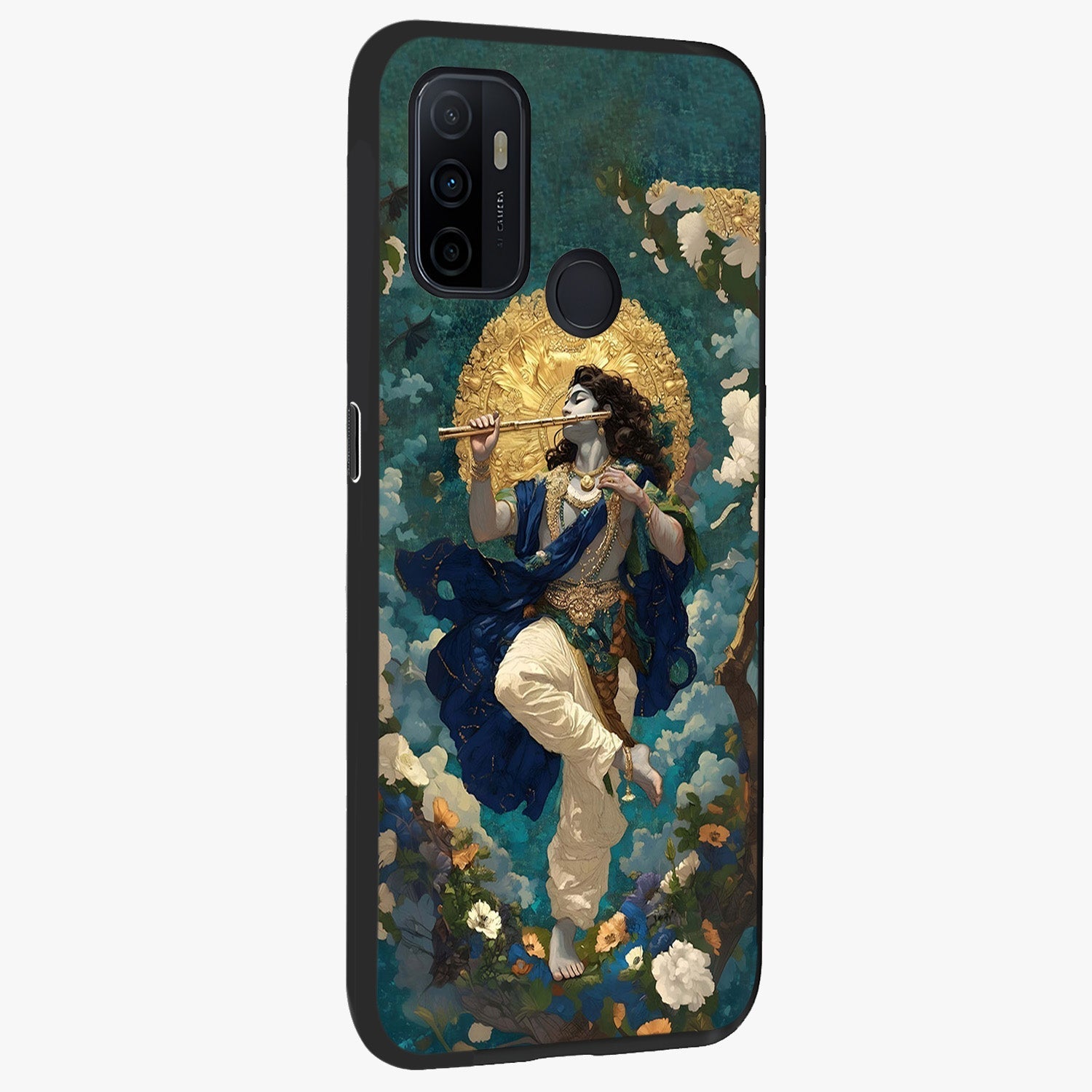 Divine Krishna Art Glass Case upright view showcasing divine Krishna artwork with sacred artistic theme.