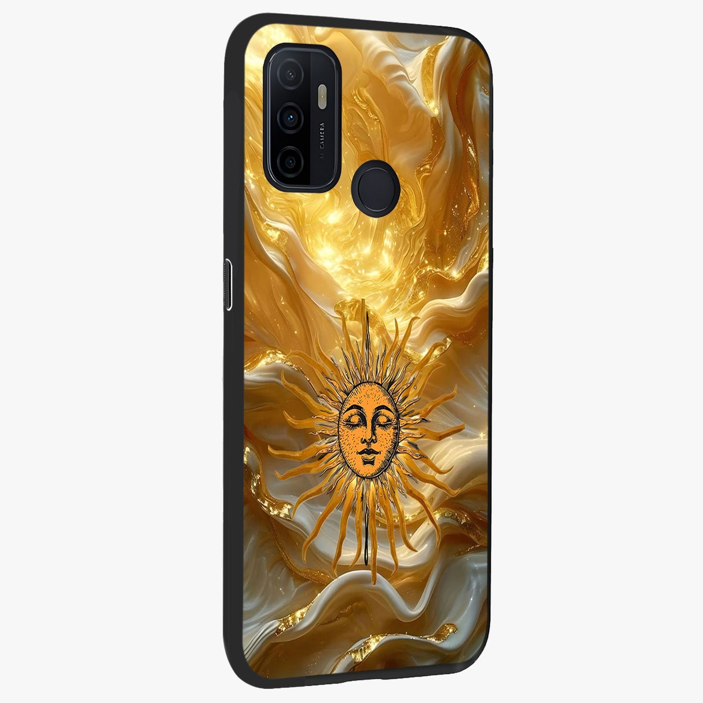 Eternal Golden Glow Glass Case upright view showcasing luminous golden artwork with luxurious visual theme.
