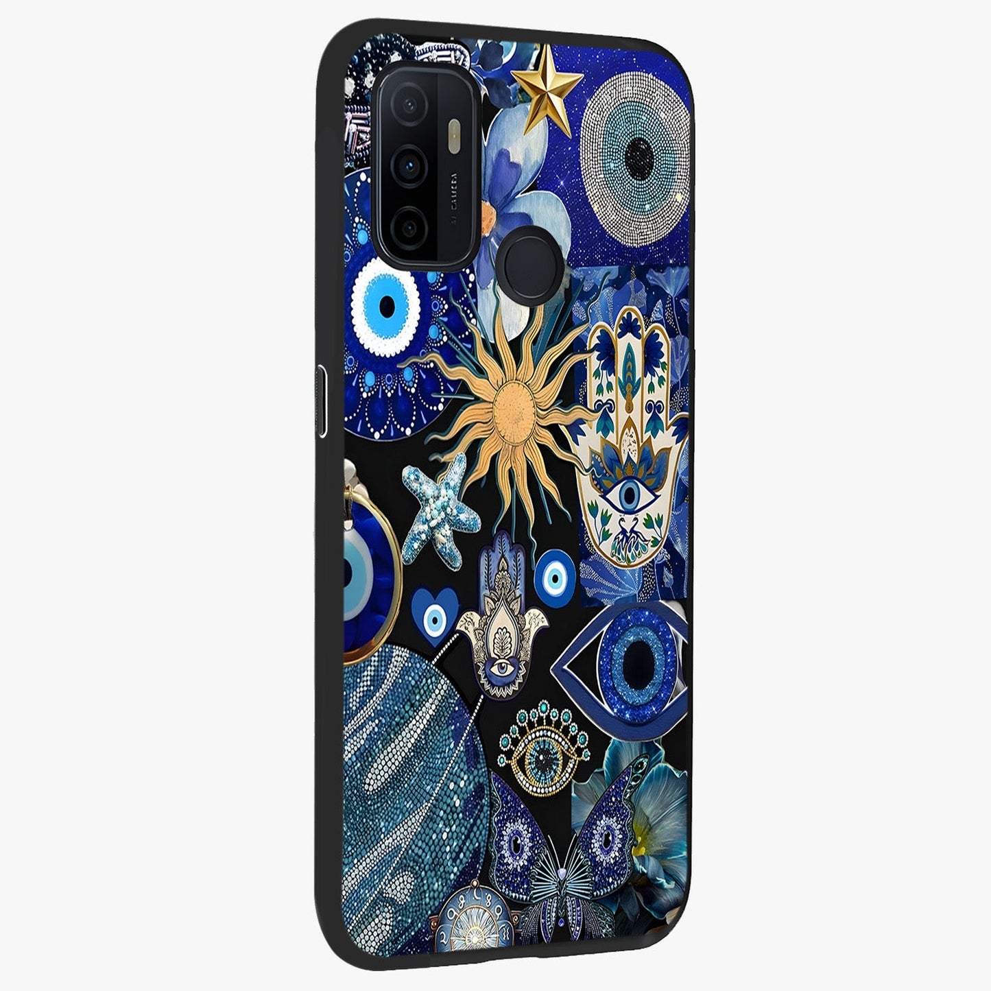 Evil Eye Charm Mix Glass Case upright view showcasing mystical evil eye pattern with vibrant decorative style.