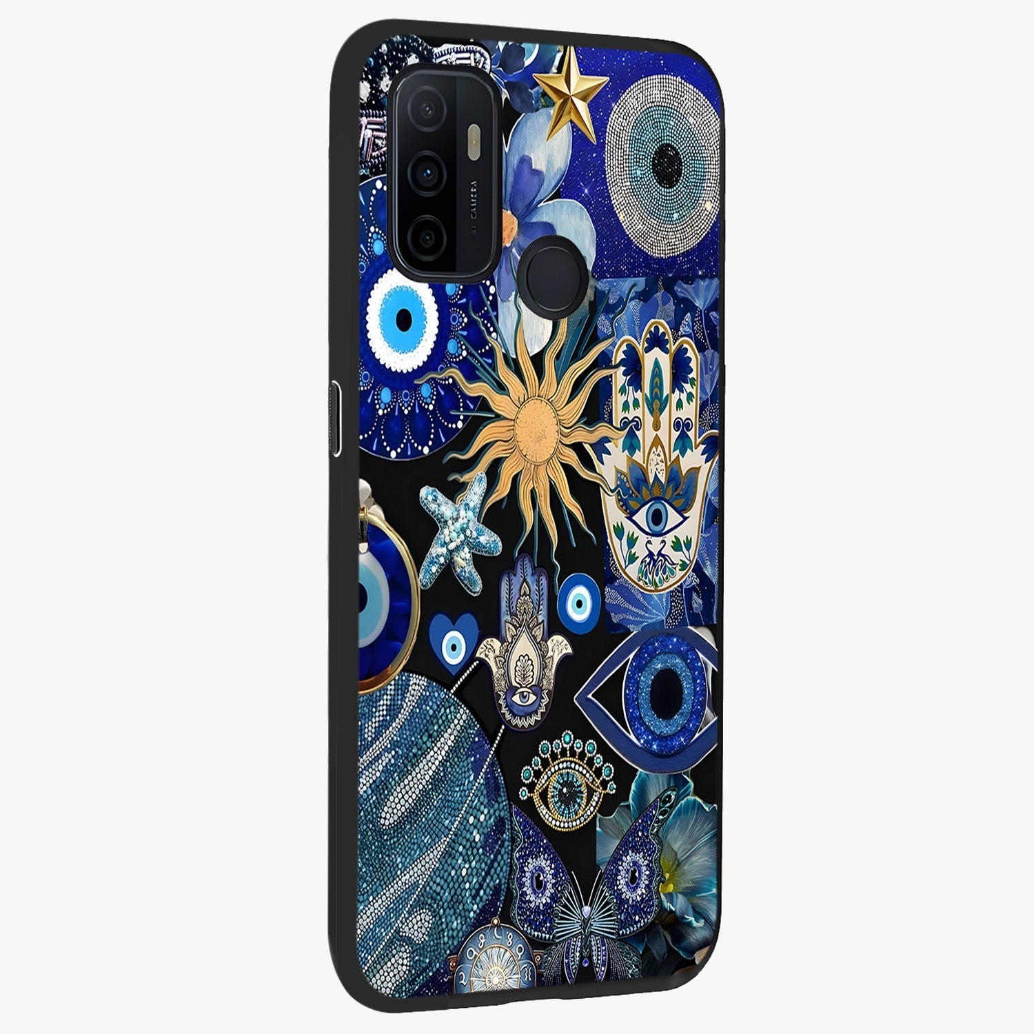 Evil Eye Charm Mix Glass Case upright view showcasing mystical evil eye pattern with vibrant decorative style.