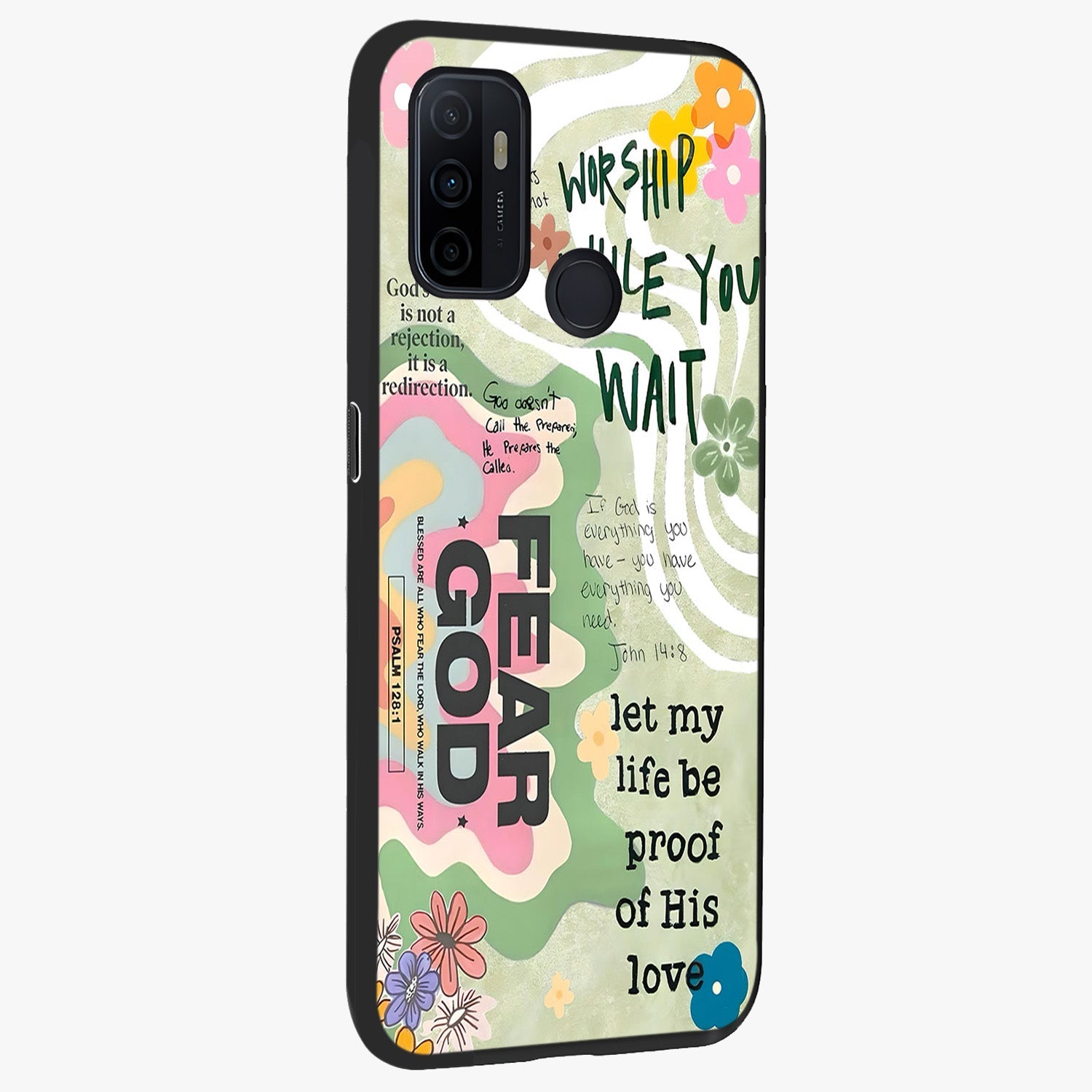 Faith Over Fear Glass Case upright view showcasing bold typography artwork with uplifting motivational theme.