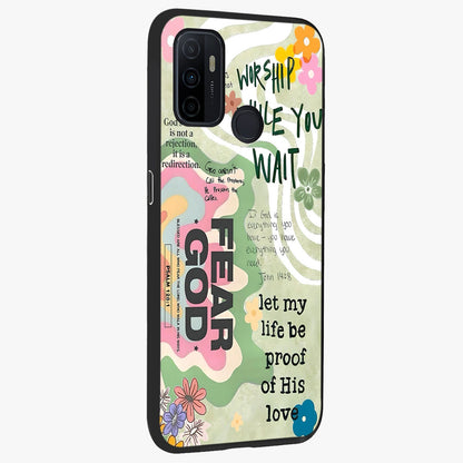 Faith Over Fear Glass Case upright view showcasing bold typography artwork with uplifting motivational theme.