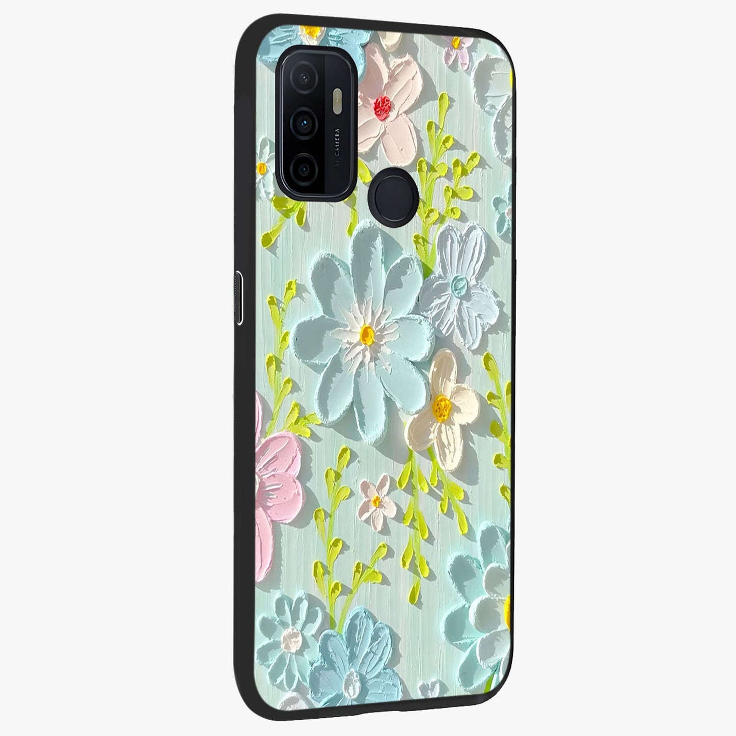 Frosted Petal Garden Glass Case upright view showcasing elegant floral garden artwork with soothing pastel theme.