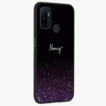 Glittery Purple Bokeh Custom Name Glass Case upright view showcasing vibrant purple sparkle artwork with personalized aesthetic style.
