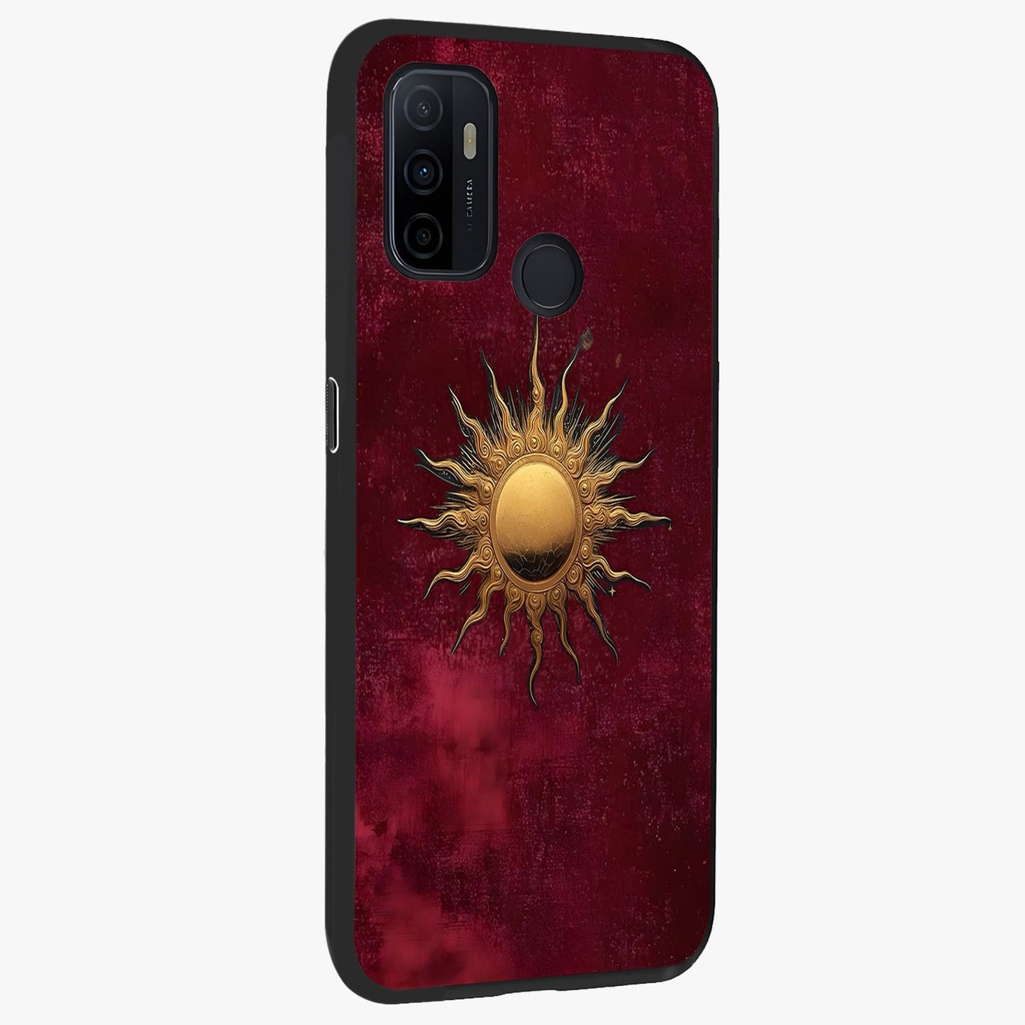 Golden Sun Minimalism Glass Case upright view showcasing simple golden sun artwork with elegant minimalist style.