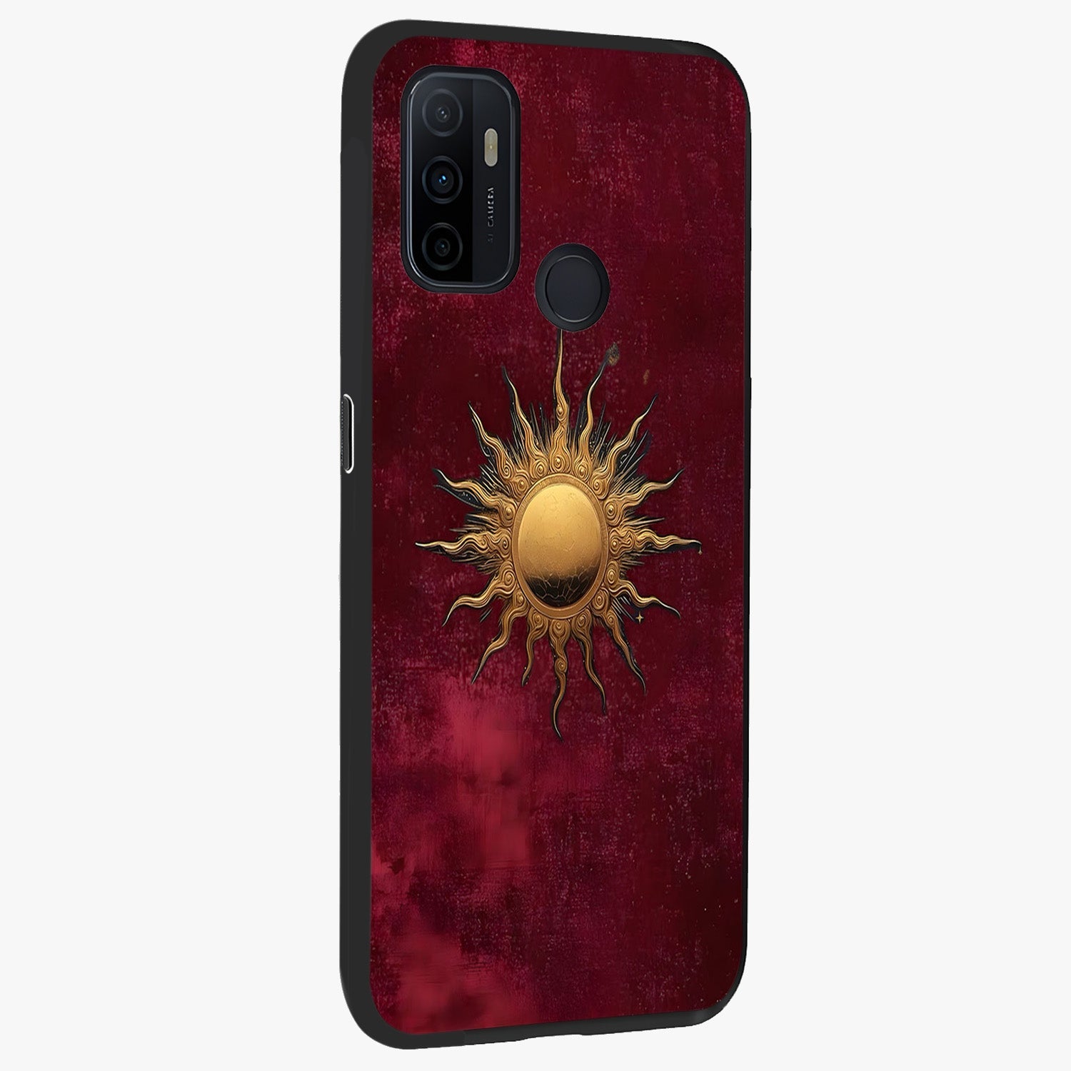 Golden Sun Minimalism Glass Case upright view showcasing simple golden sun artwork with elegant minimalist style.