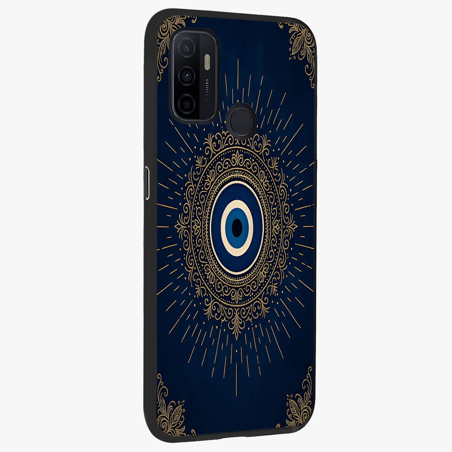 Golden Celestial Charm Glass Case upright view showcasing radiant celestial artwork with elegant golden theme.
