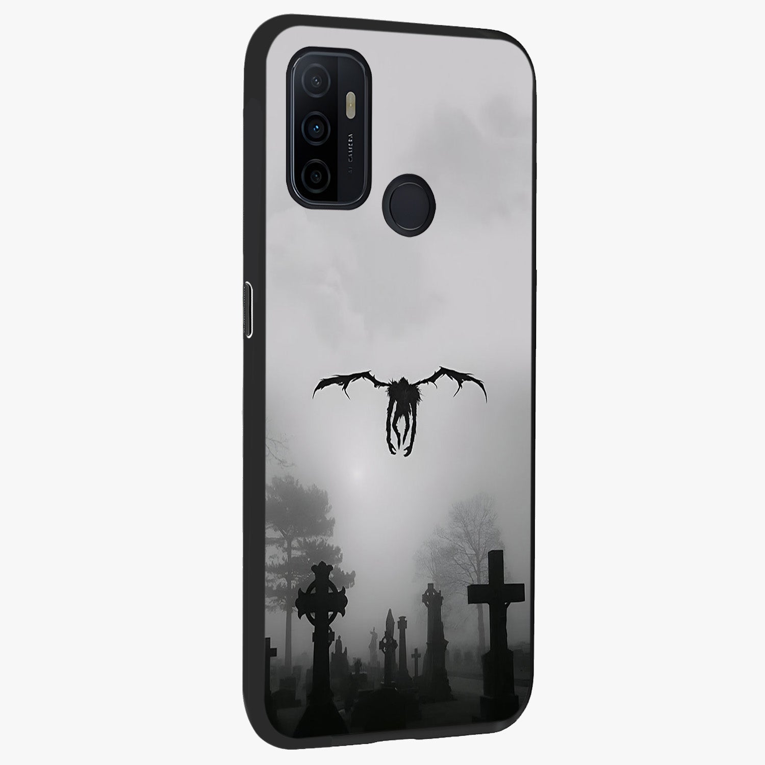 Graveyard Shadow Descent Glass Case upright view showcasing haunting graveyard artwork with dramatic dark theme.