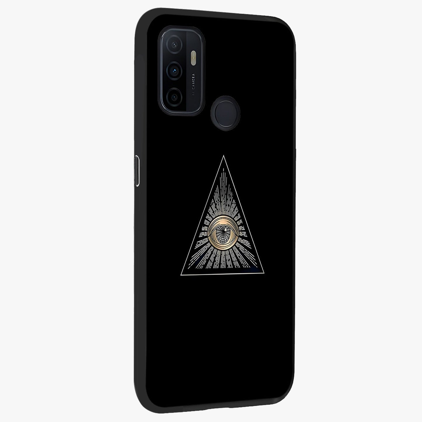 Illuminati Evil Glass Case upright view showcasing striking illuminati artwork with mysterious symbolic theme.