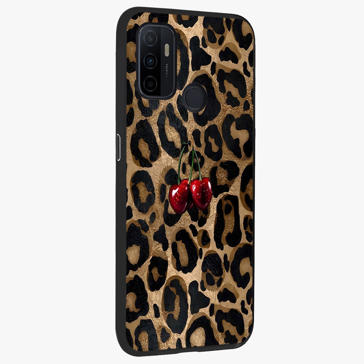 Leopard Wild Cherry Glass Case upright view showcasing stylish leopard pattern artwork with trendy fashion theme.