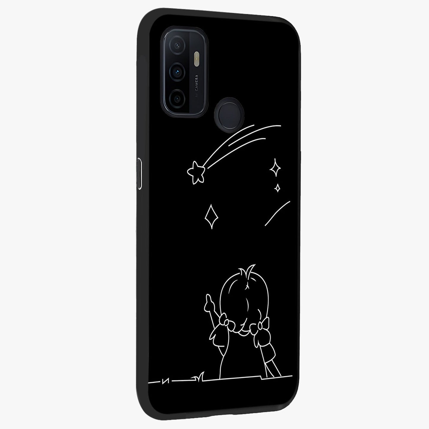 Line Art Girl With Shooting Stars Glass Case upright view showcasing delicate shooting stars artwork with minimal artistic theme.