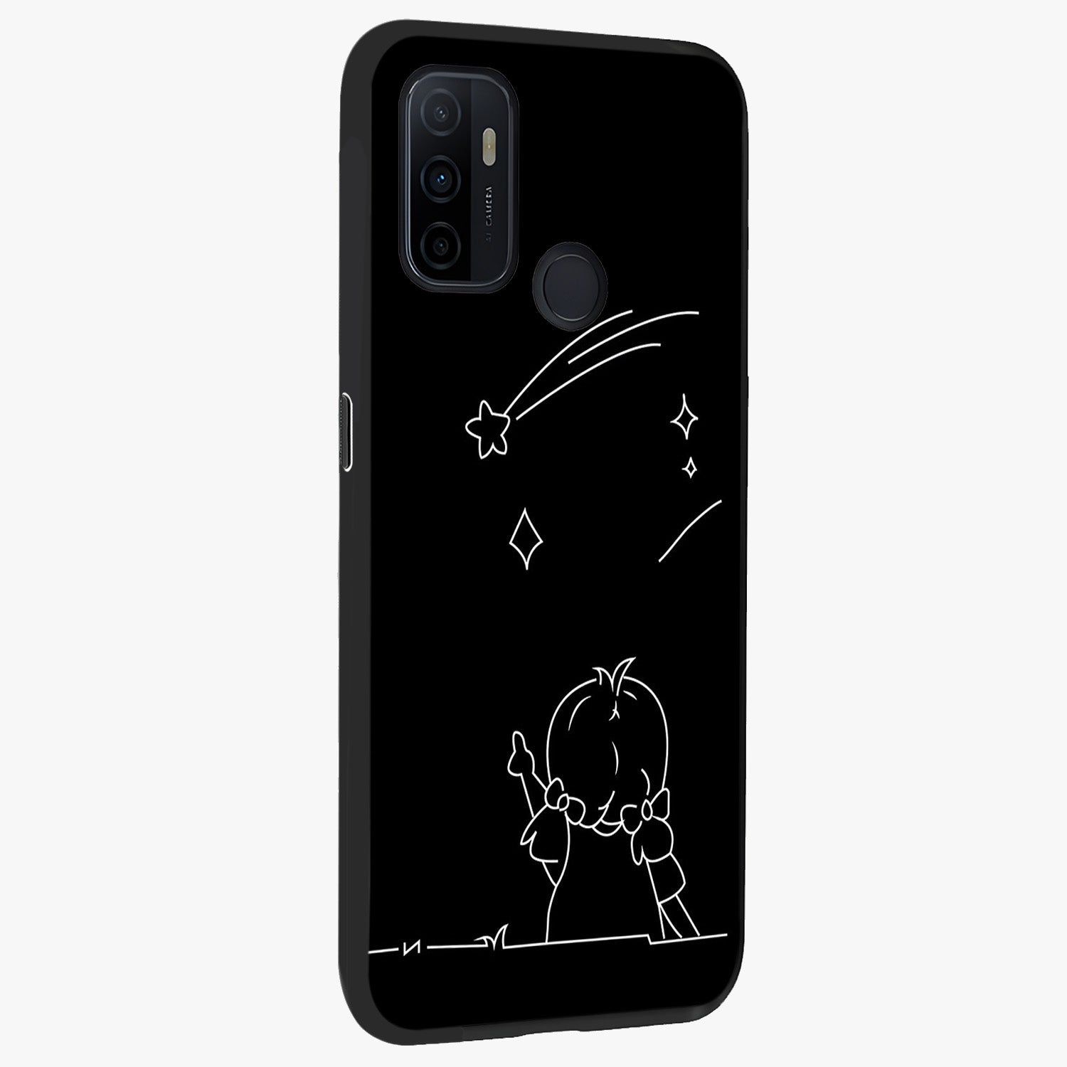 Line Art Girl With Shooting Stars Glass Case upright view showcasing delicate shooting stars artwork with minimal artistic theme.