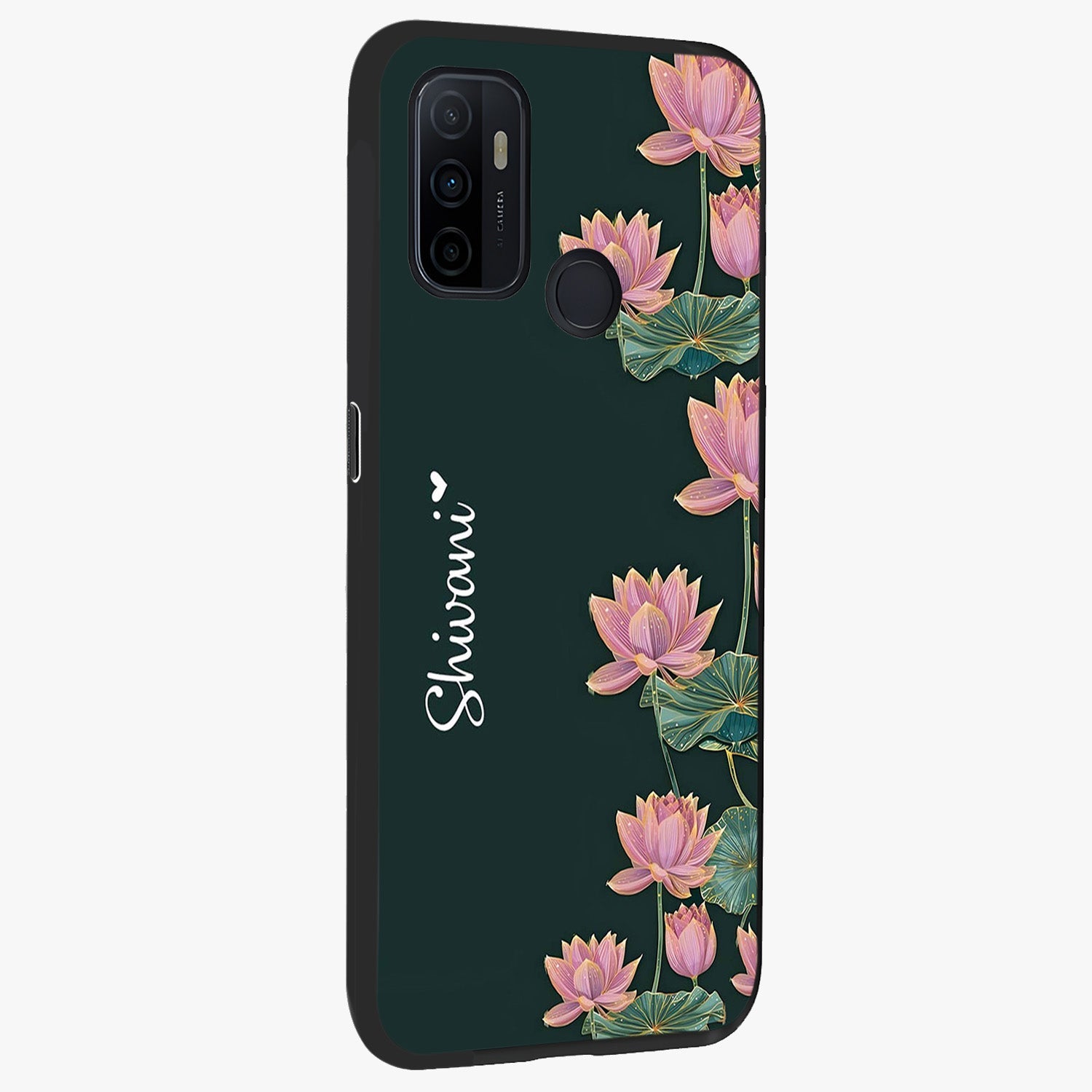 Lotus Bloom Serenity Custom Name Glass Case upright view showcasing serene lotus bloom artwork with personalized floral aesthetic.