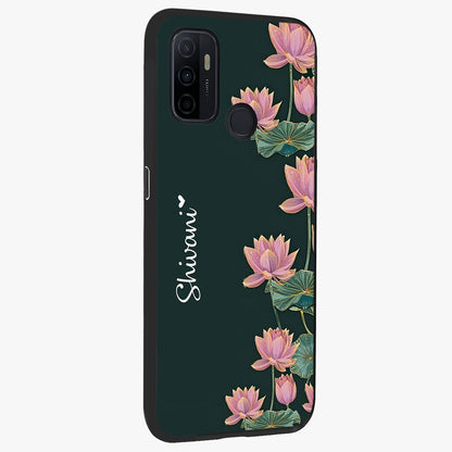 Lotus Bloom Serenity Custom Name Glass Case upright view showcasing serene lotus bloom artwork with personalized floral aesthetic.
