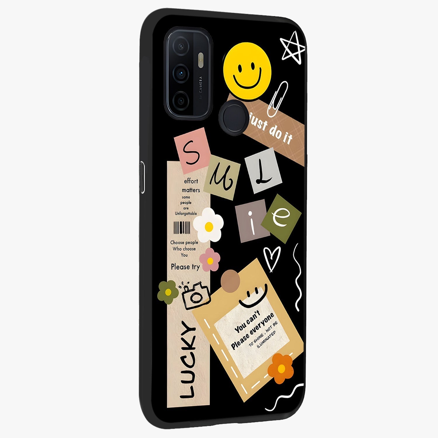 Lucky Aesthetic Collage Glass Case upright view showcasing vibrant collage artwork with youthful aesthetic theme.