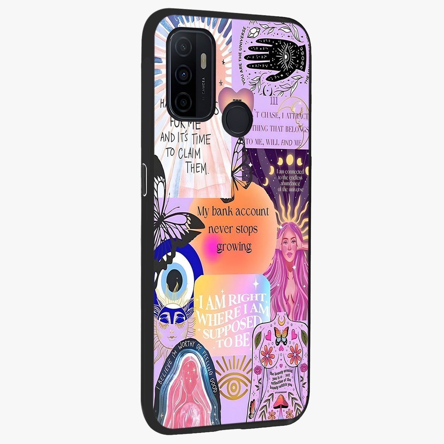 Manifestation Collage Glass Case upright view showcasing artistic manifestation themed artwork with creative style.