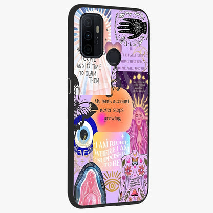 Manifestation Collage Glass Case upright view showcasing artistic manifestation themed artwork with creative style.