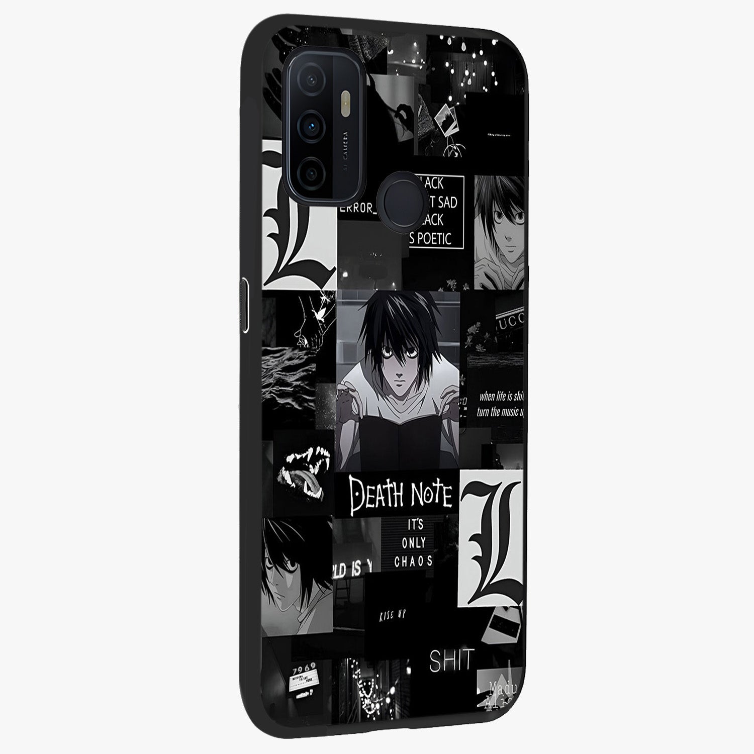 Midnight Chaos Mind Glass Case upright view showcasing expressive abstract artwork with bold dark theme.