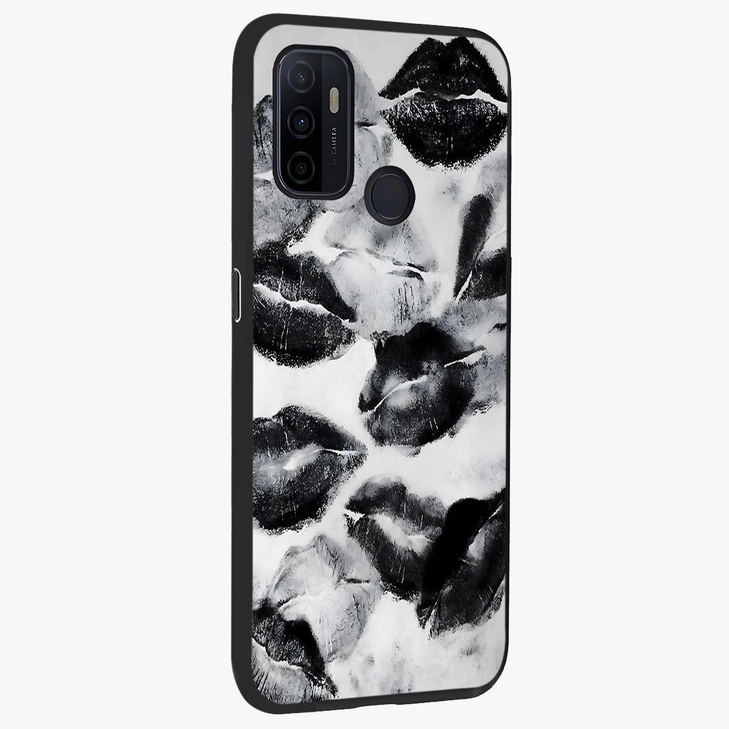 Midnight Kiss Marks Glass Case upright view showcasing stylish kiss mark artwork with trendy romantic theme.