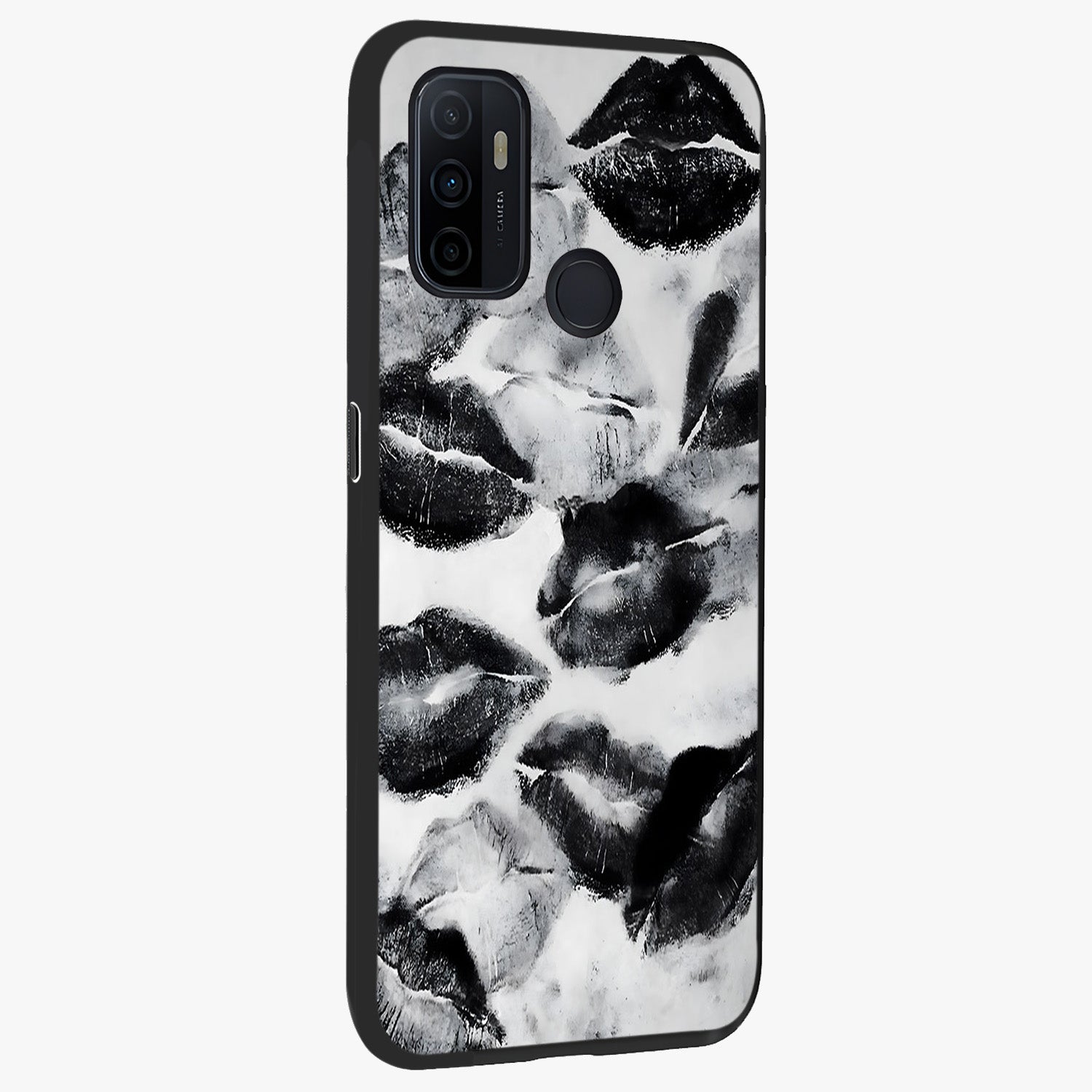 Midnight Kiss Marks Glass Case upright view showcasing stylish kiss mark artwork with trendy romantic theme.