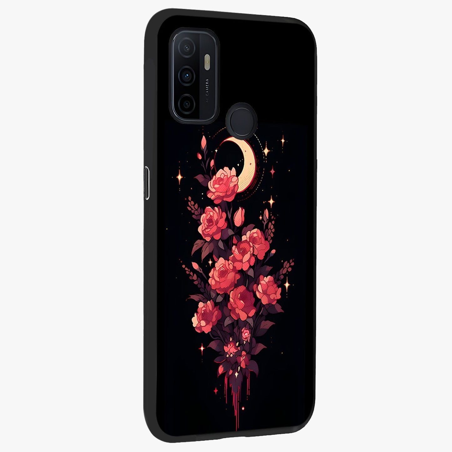 Moonlit Floral Elegance Glass Case upright view showcasing delicate floral artwork with refined night inspired theme.