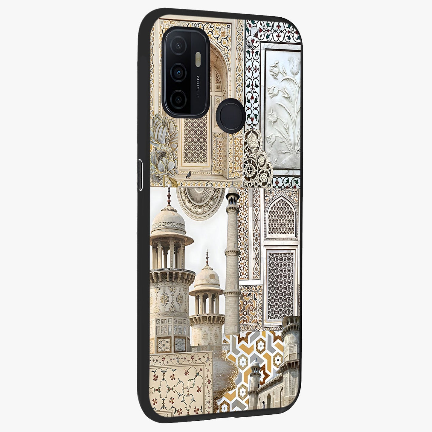Mughal Marble Legacy Glass Case upright view showcasing ornate Mughal design with luxurious traditional theme.