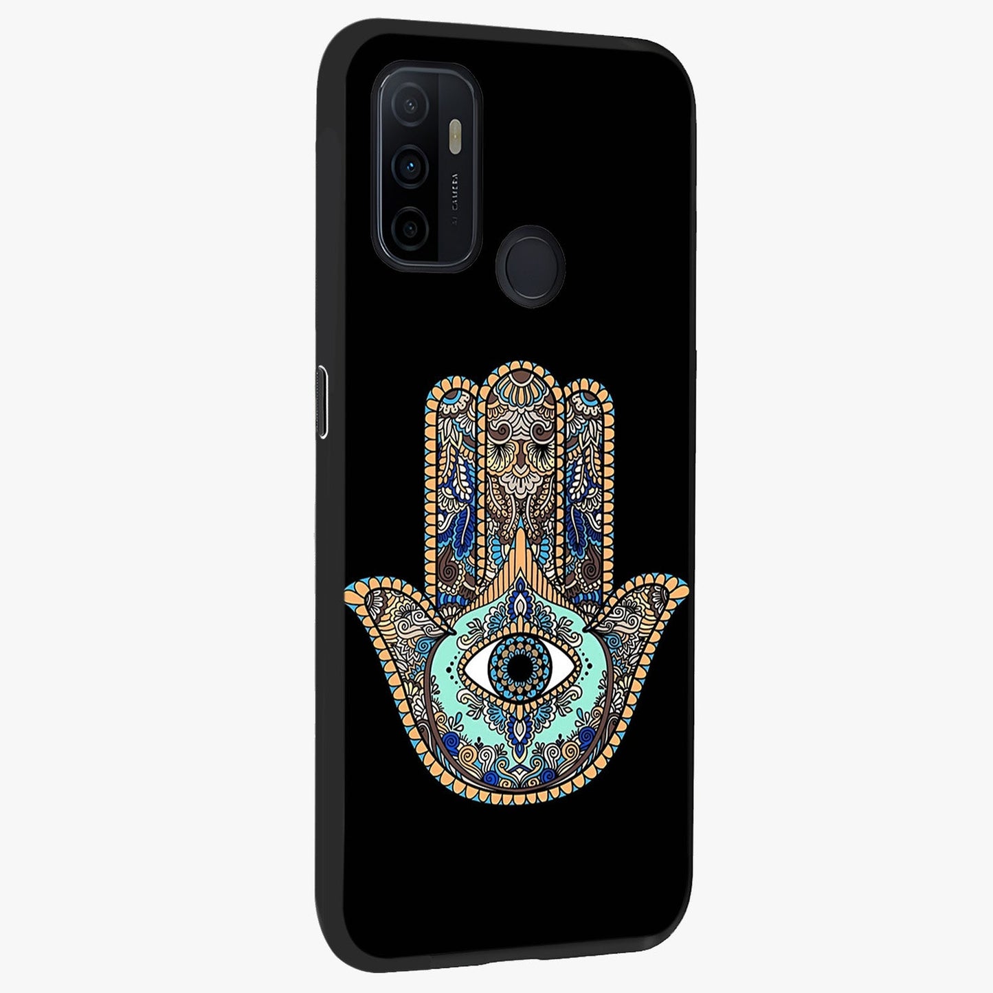 Mystic Hamsa Eye Glass Case upright view showcasing detailed hamsa eye artwork with protective spiritual theme.