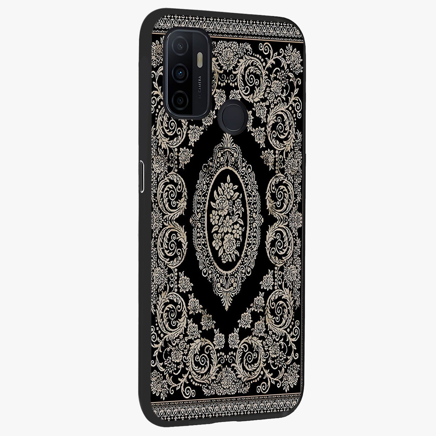 Noir Bloom Elegance Glass Case upright view showcasing graceful floral artwork with luxurious dark theme.