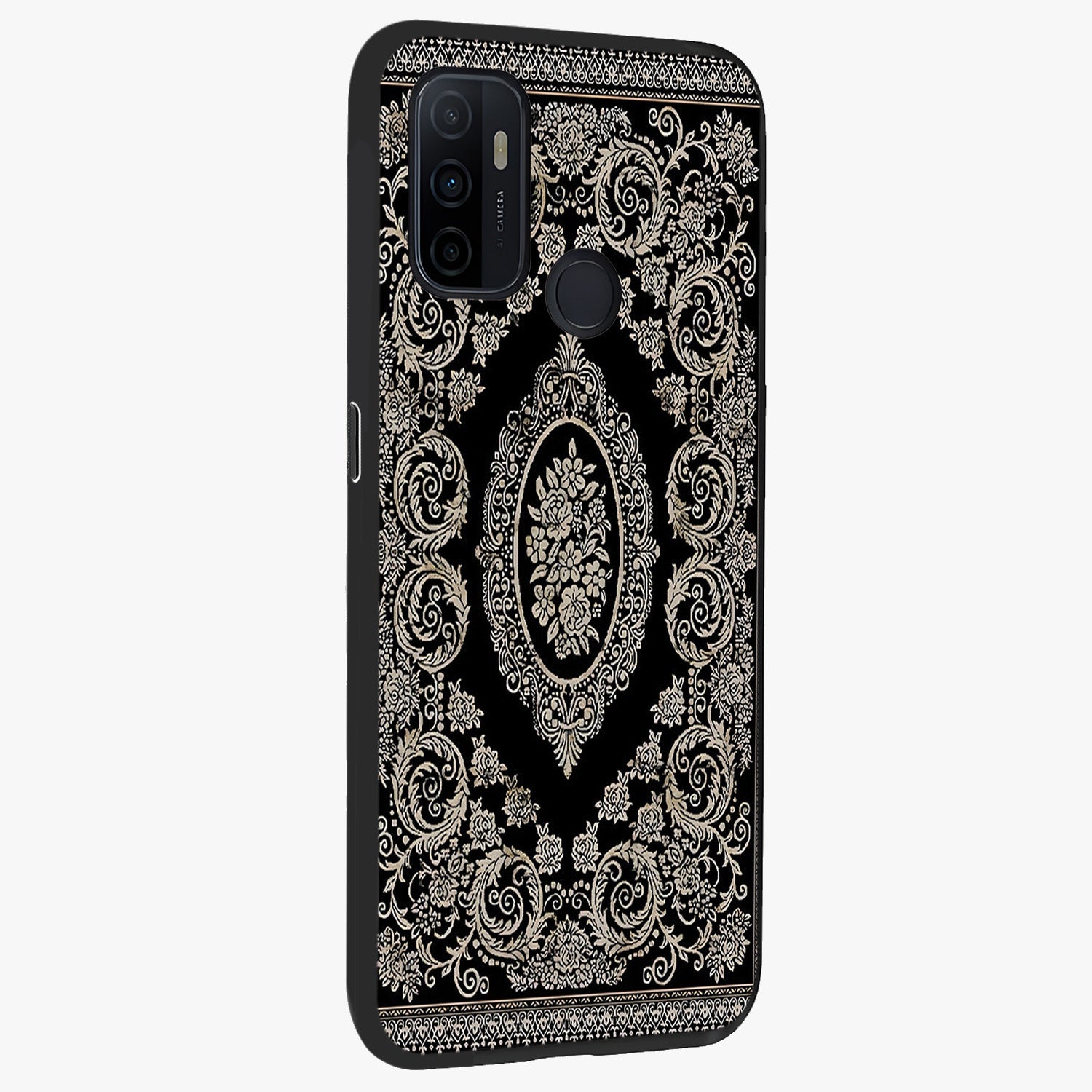 Noir Bloom Elegance Glass Case upright view showcasing graceful floral artwork with luxurious dark theme.