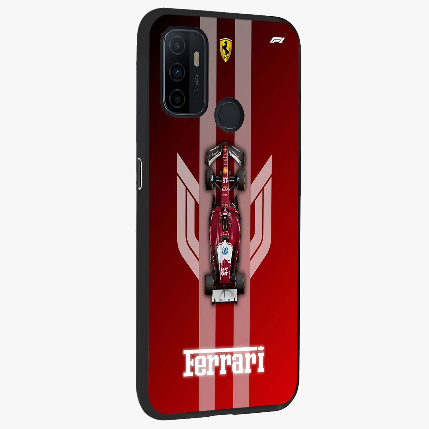 Red Ferrari F1 Vertical Glass Case upright view showcasing powerful Formula car artwork with dynamic motorsport theme.