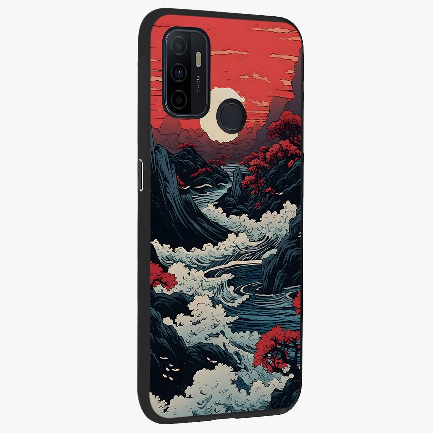 Red Sunset Scenery Glass Case upright view showcasing dramatic sunset scenery artwork with warm nature theme.
