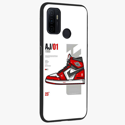 Retro Sneaker Blueprint Glass Case upright view showcasing stylish sneaker illustration with vintage streetwear theme.