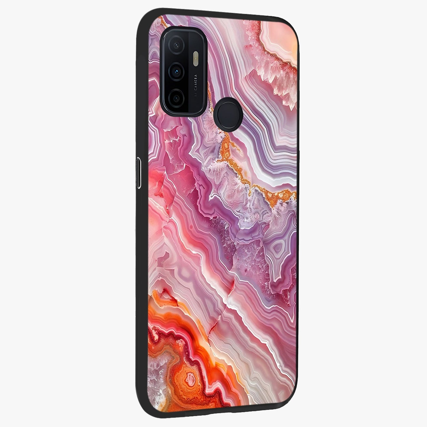 Rose Quartz Marble Glass Case upright view showcasing decorative marble artwork with luxurious pastel theme.