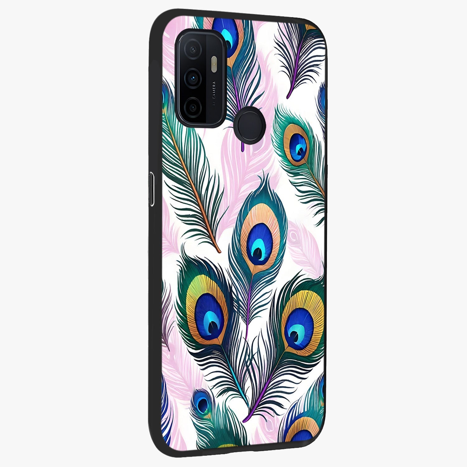 Royal Peacock Feathers Glass Case upright view showcasing elegant peacock feather artwork with decorative royal theme.