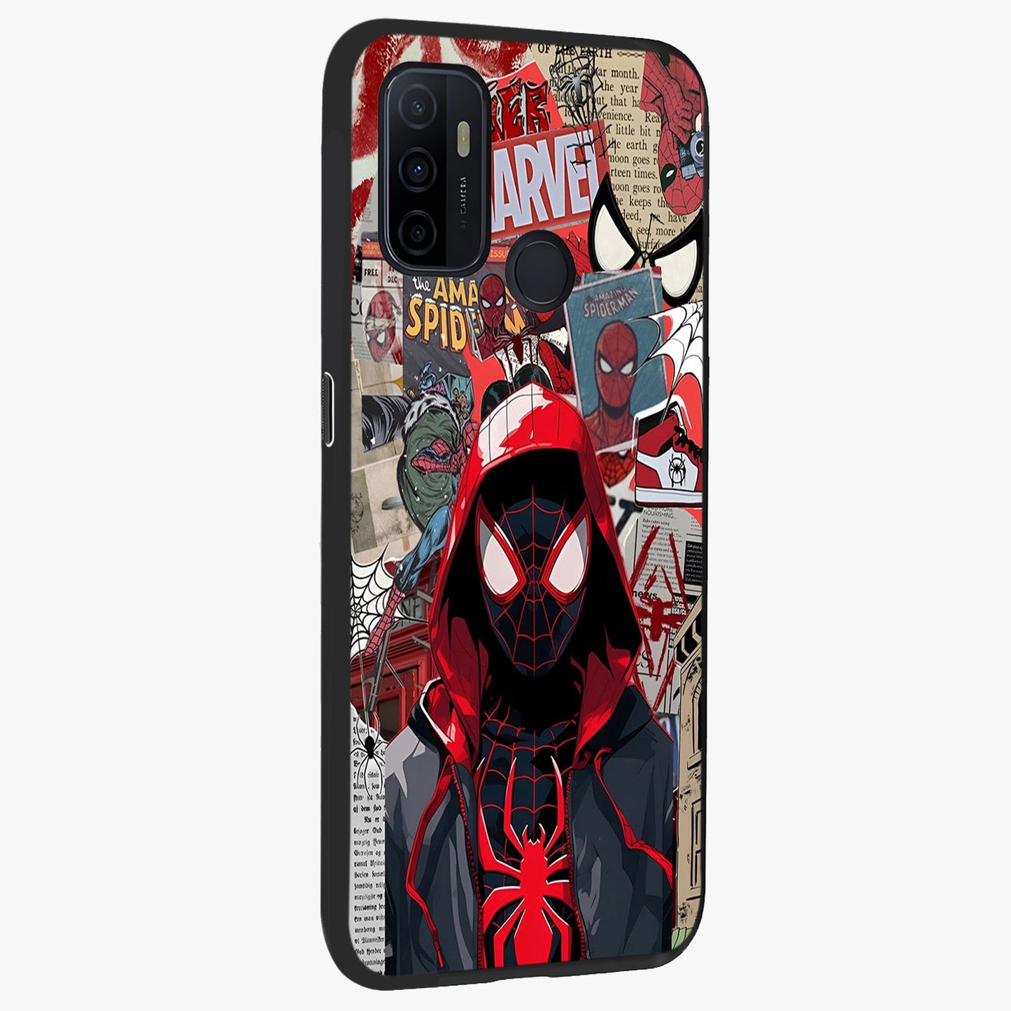 Spider Collage Street Glass Case upright view showcasing bold superhero artwork with urban street theme.