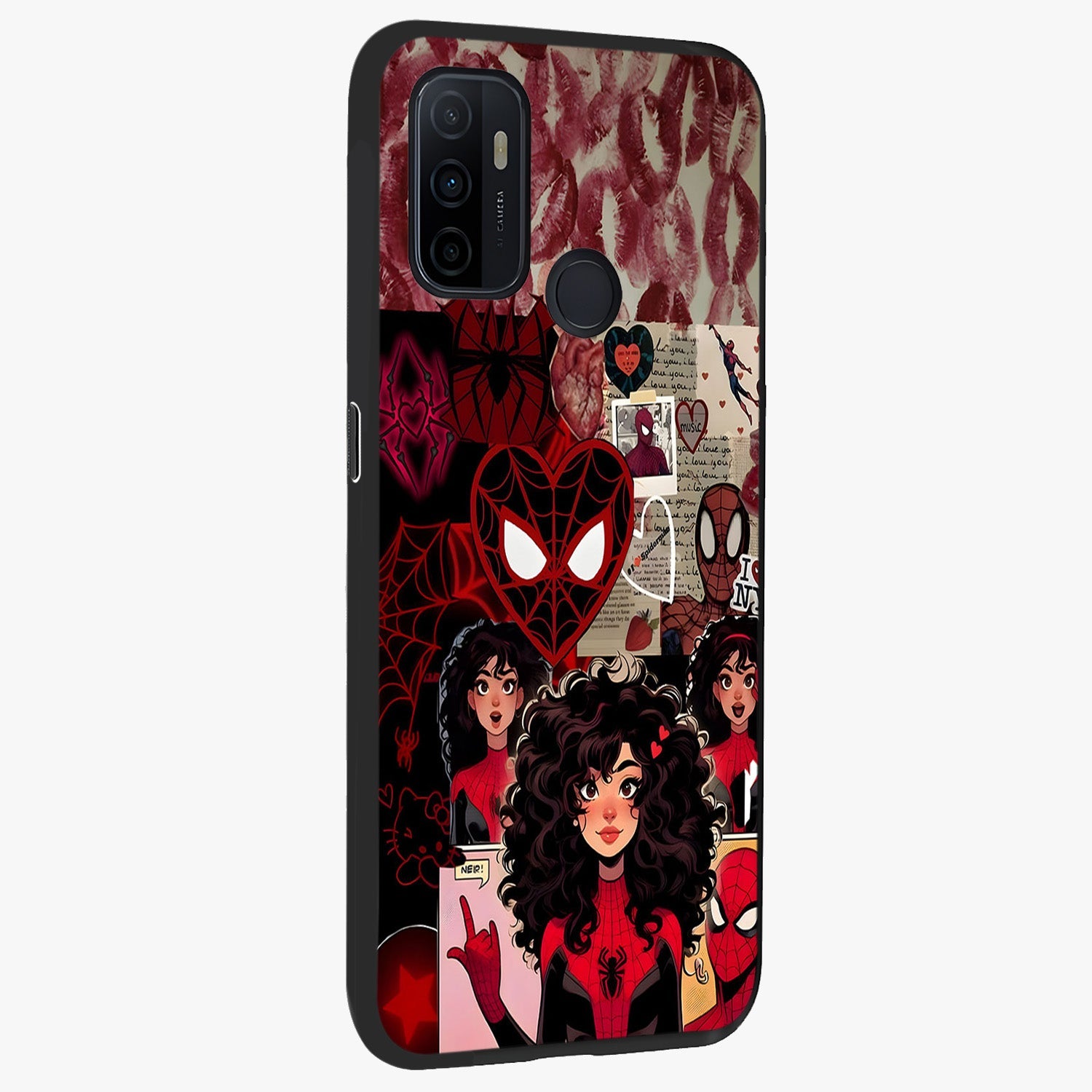 Spider Love Story Glass Case upright view showcasing charming superhero artwork with romantic comic theme.