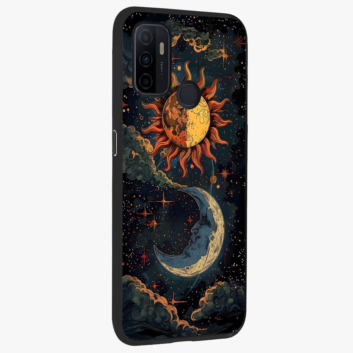 Sun And Moon Magic Design Glass Case upright view showcasing decorative sun and moon artwork with spiritual celestial theme.